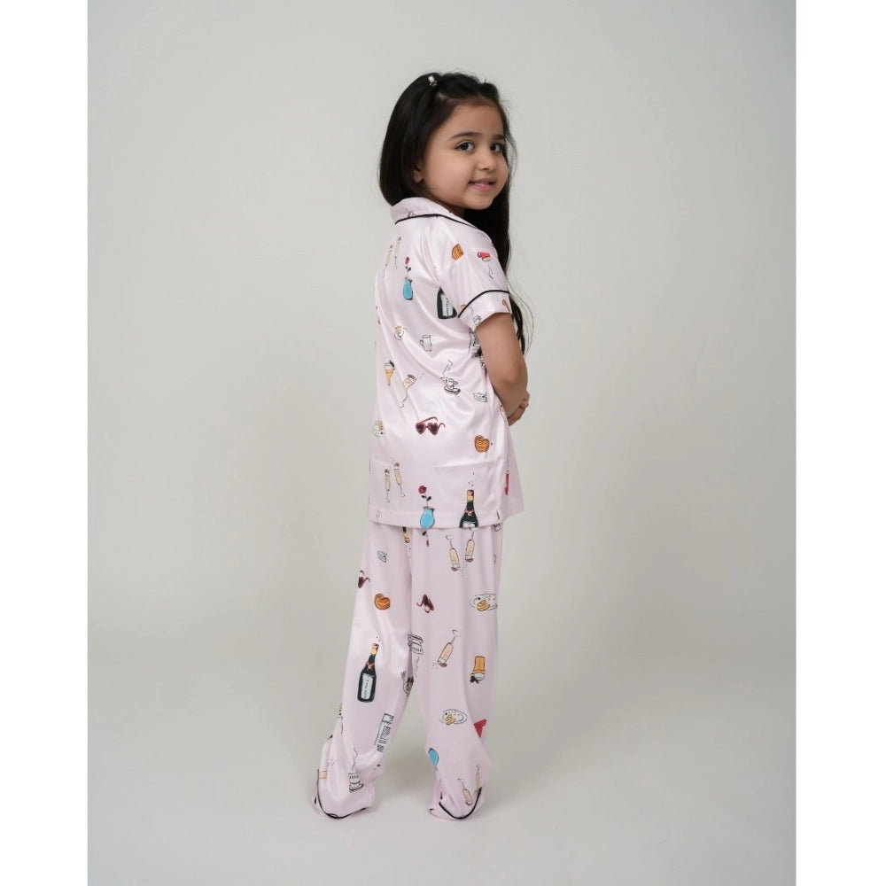 Amfyn Girl's Silk Bleand Printed Short Sleeve Night Suit Set (Light Pink)
