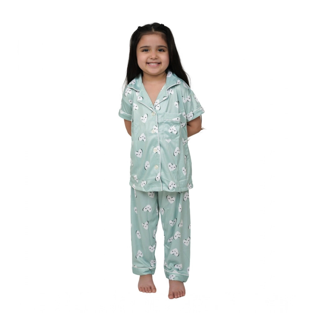 Amfyn Girl's Silk Bleand Printed Short Sleeve Night Suit Set (Light Green)