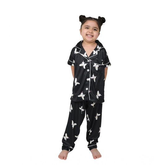 Amfyn Girl's Silk Bleand Printed Short Sleeve Night Suit Set (Black)