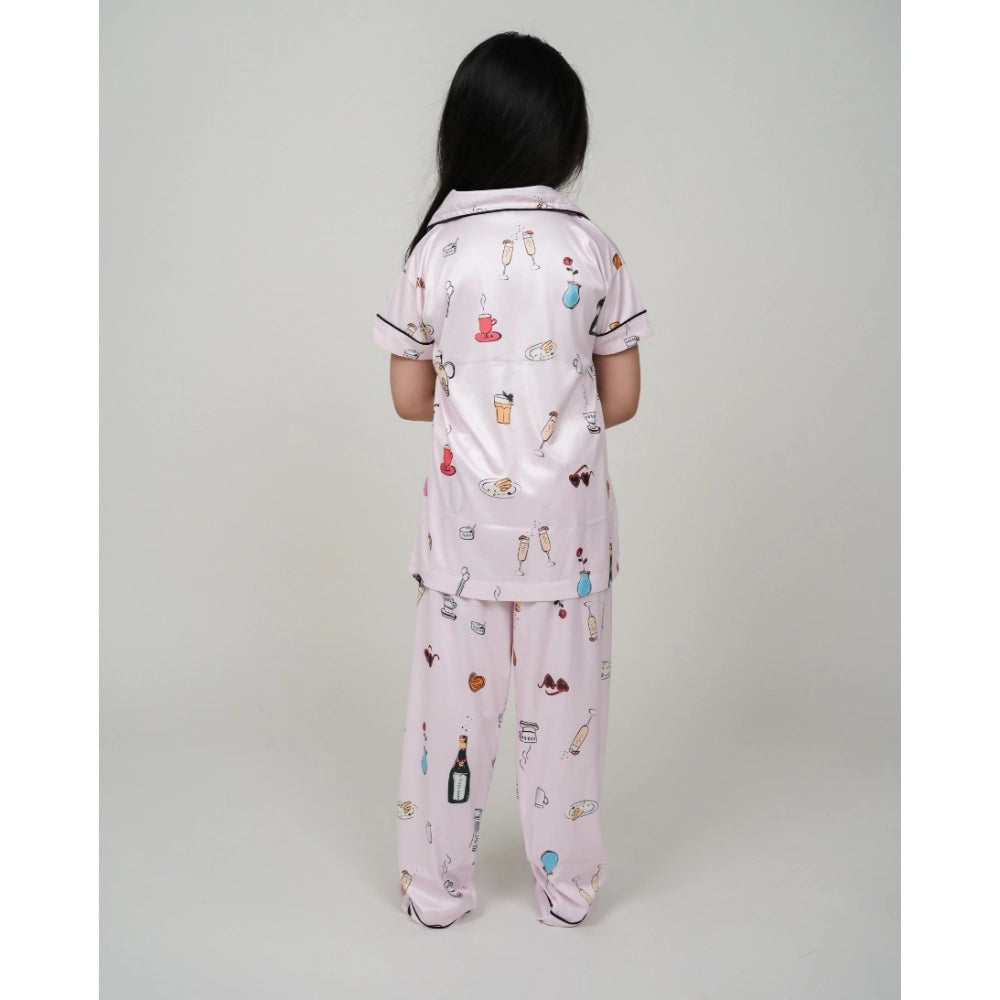 Amfyn Girl's Silk Bleand Printed Short Sleeve Night Suit Set (Creem)
