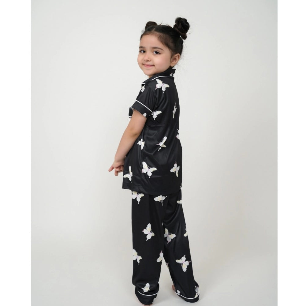 Amfyn Girl's Silk Bleand Printed Short Sleeve Night Suit Set (Black)