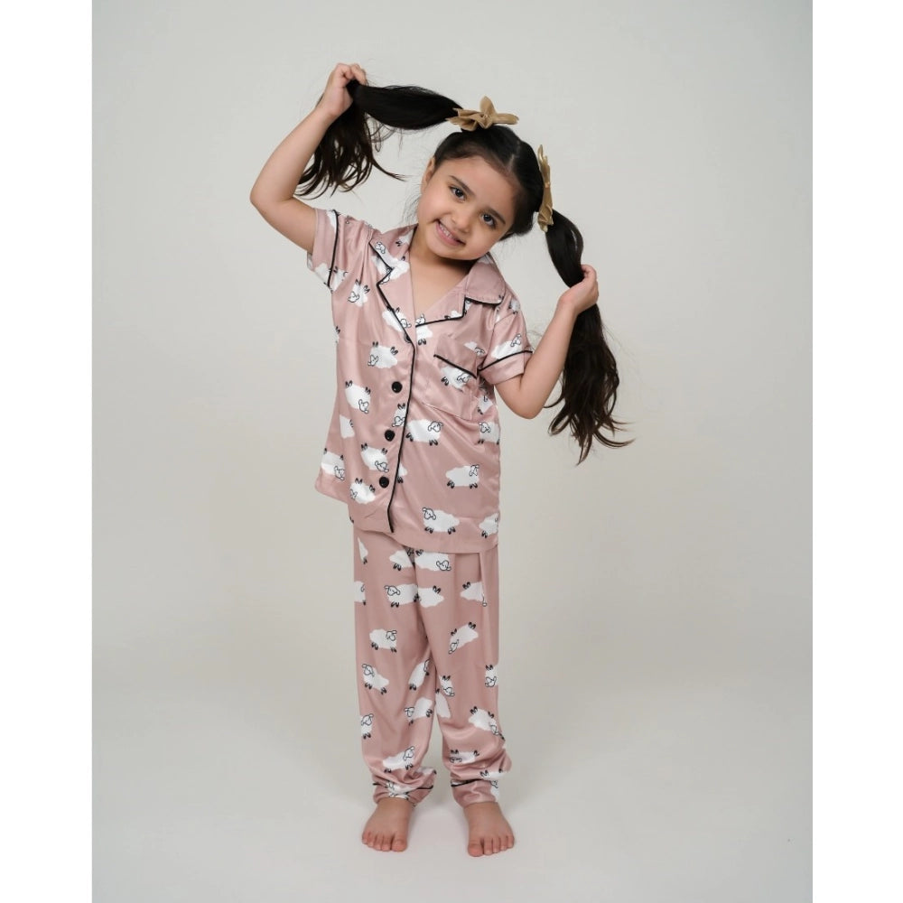 Amfyn Girl's Silk Bleand Printed Short Sleeve Night Suit Set (Brown)