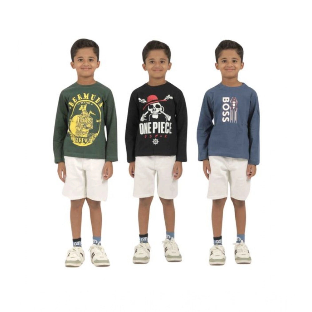 Amfyn Pack of 3 Boy's Cotton Printed Full Sleeve T-Shirt's (Multicolor)