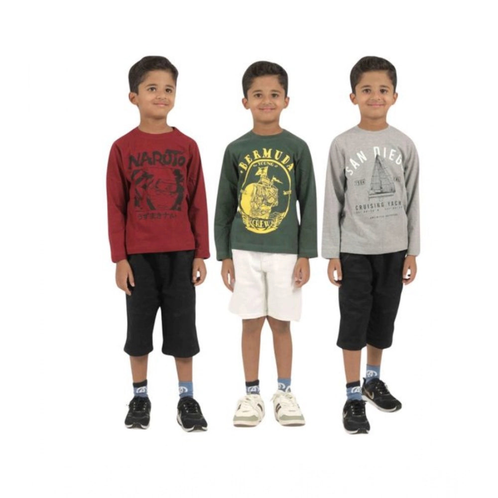 Amfyn Pack of 3 Boy's Cotton Printed Full Sleeve T-Shirt's (Multicolor)