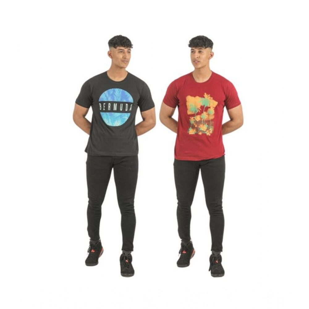 Amfyn Pack of 2 Men's Casual Cotton Printed Short Sleeve Tshirts (Multicolor)