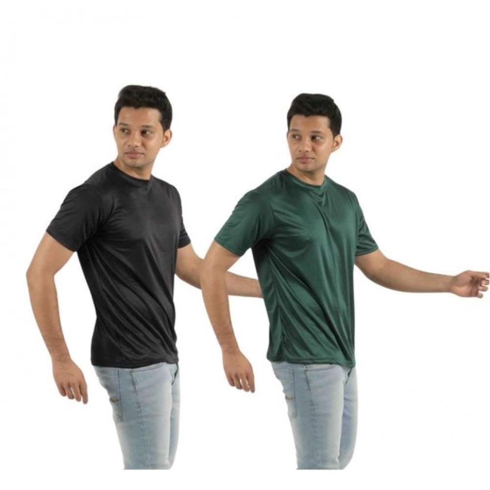 Amfyn Pack of 2 Men's Casual Polyester Blend Solid Short Sleeve Tshirts (Multicolor)