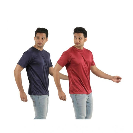 Amfyn Pack of 2 Men's Casual Polyester Blend Solid Short Sleeve Tshirts (Multicolor)
