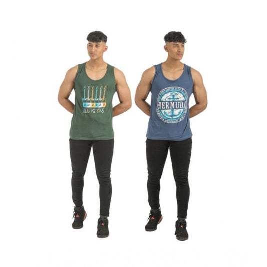 Amfyn Pack of 2 Men's Casual Cotton Printed Sleeveless Sleeve Tshirts (Multicolor)