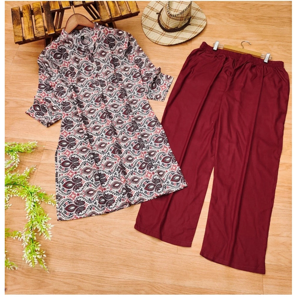 Amfyn Women's Muslin Printed Mandarin Collar 3-4th Sleeve Kurti With Pant Set (Red Grey)