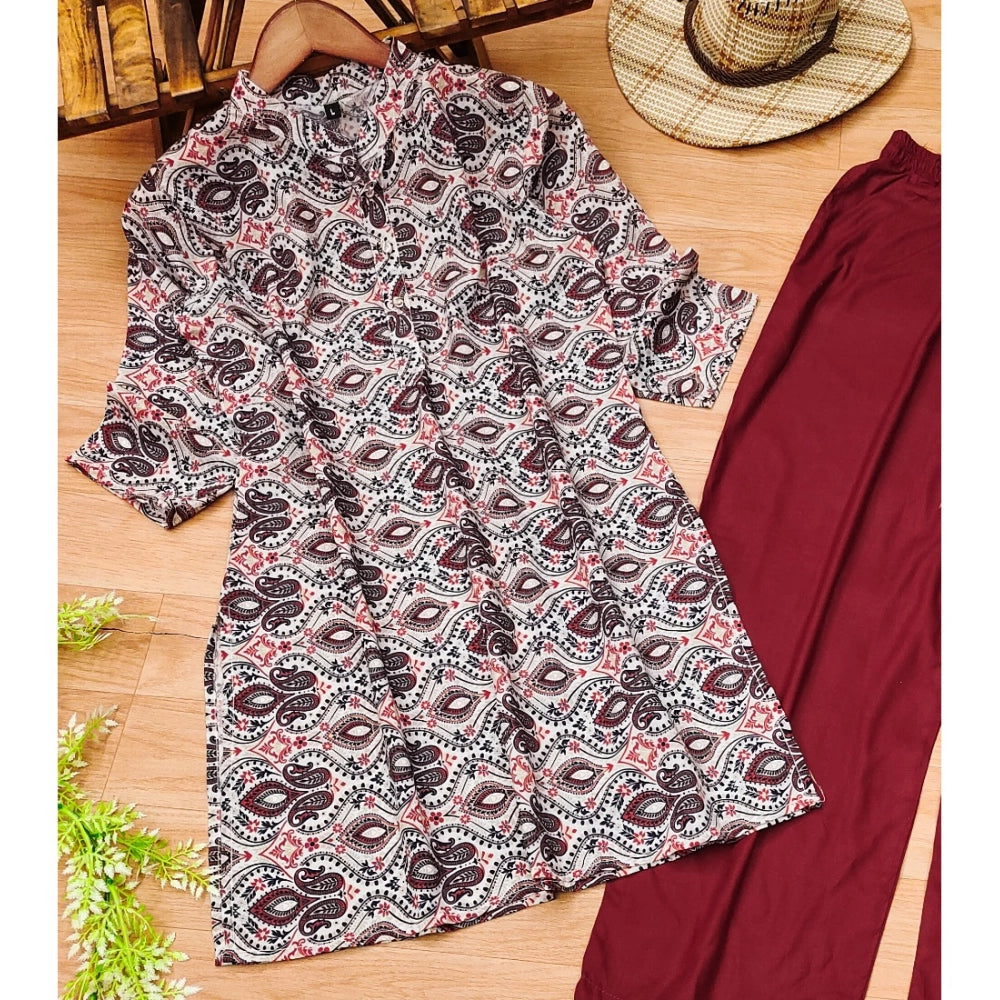 Amfyn Women's Muslin Printed Mandarin Collar 3-4th Sleeve Kurti With Pant Set (Red Grey)