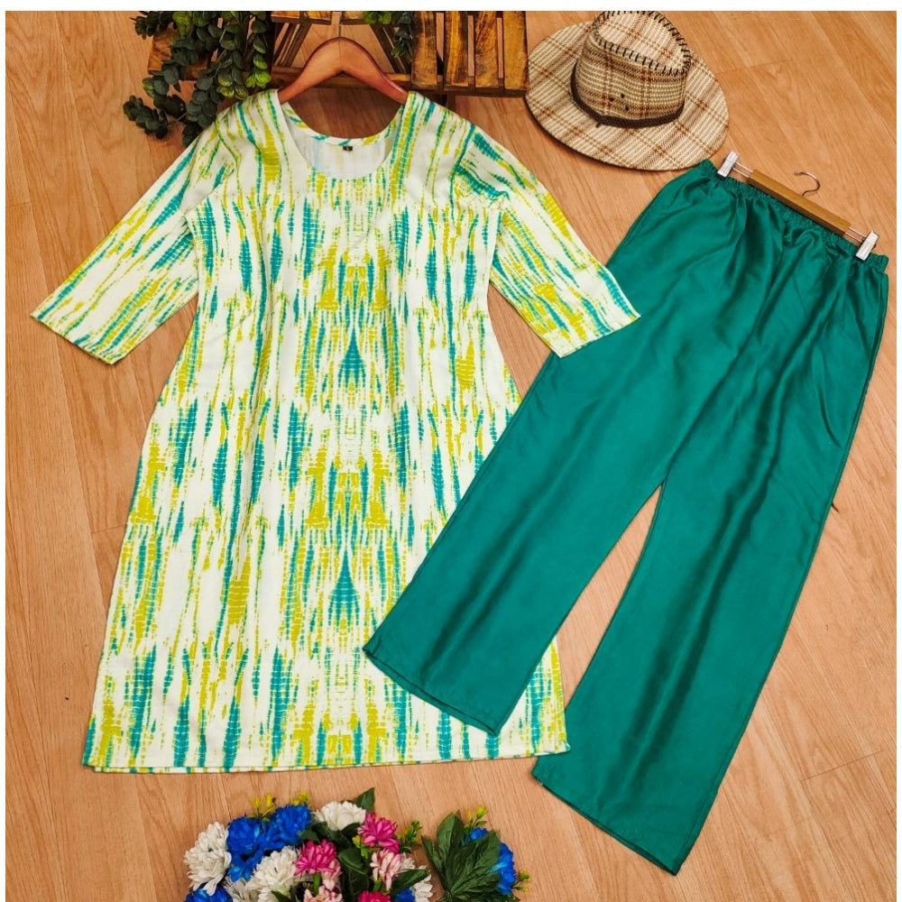 Amfyn Women's Rayon Printed Round Neck 3-4th Sleeve Kurti With Pant Set (Green)