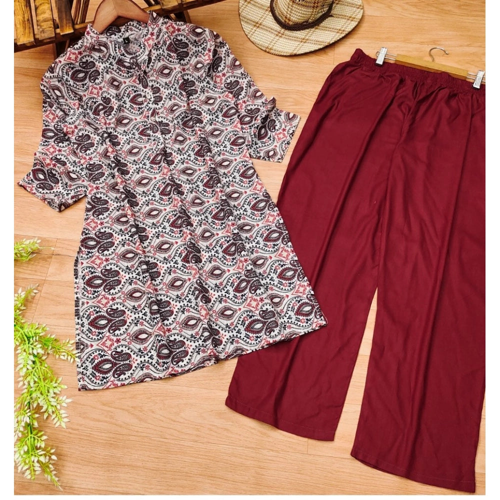 Amfyn Women's Muslin Printed Mandarin Collar 3-4th Sleeve Kurti With Pant Set (Red Grey)