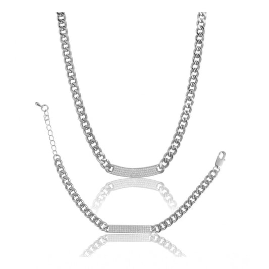 Amfyn Women's Stainless Steel Silver Polish Hand Bracelet And Necklace (Silver Plated)