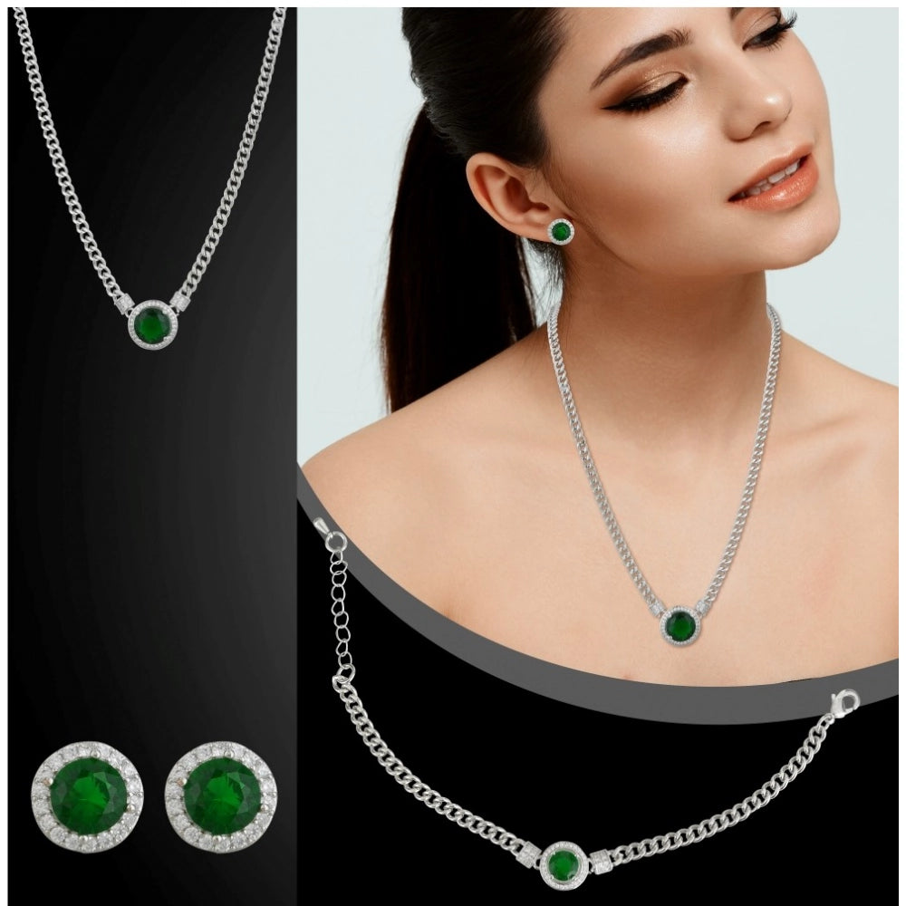Amfyn Women's Stainless Steel Green Color Silver Chain Western Combo Jewelry (Silver Plated)