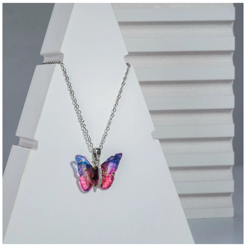Amfyn Women's Stainless Steel Colorful Butterfly Pendent Dailywear chain (Silver Plated)
