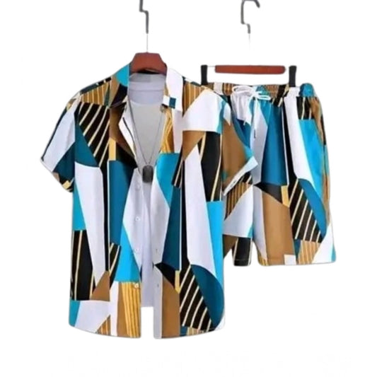Amfyn Men's Lycra Printed Half Sleeve Shirt and Shorts Set (Blue )