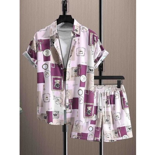 Amfyn Men's Lycra Printed Half Sleeve Shirt and Shorts Set (Wine)