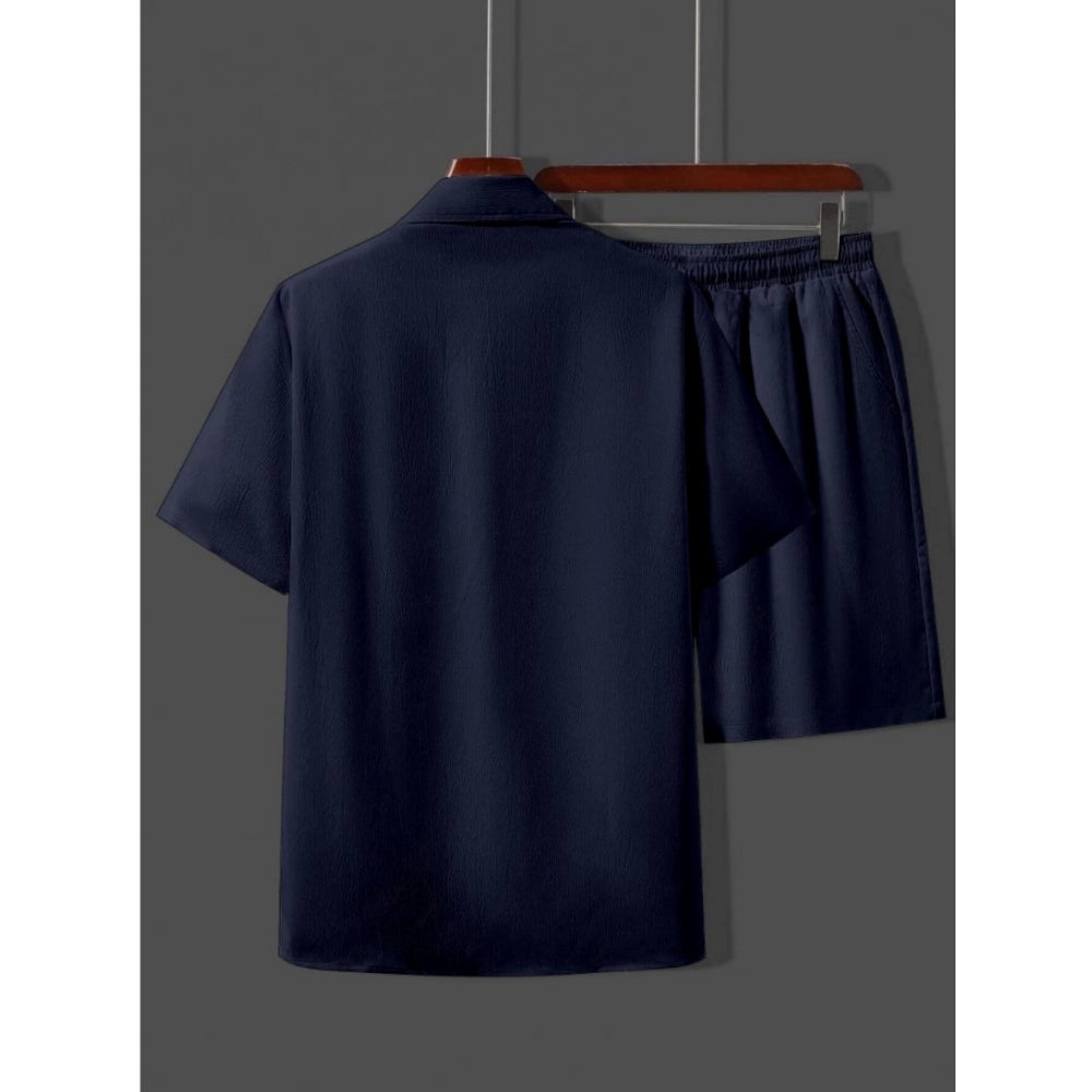 Amfyn Men's Popcon Solid Half Sleeve Shirt and Shorts Set (Dark Blue)