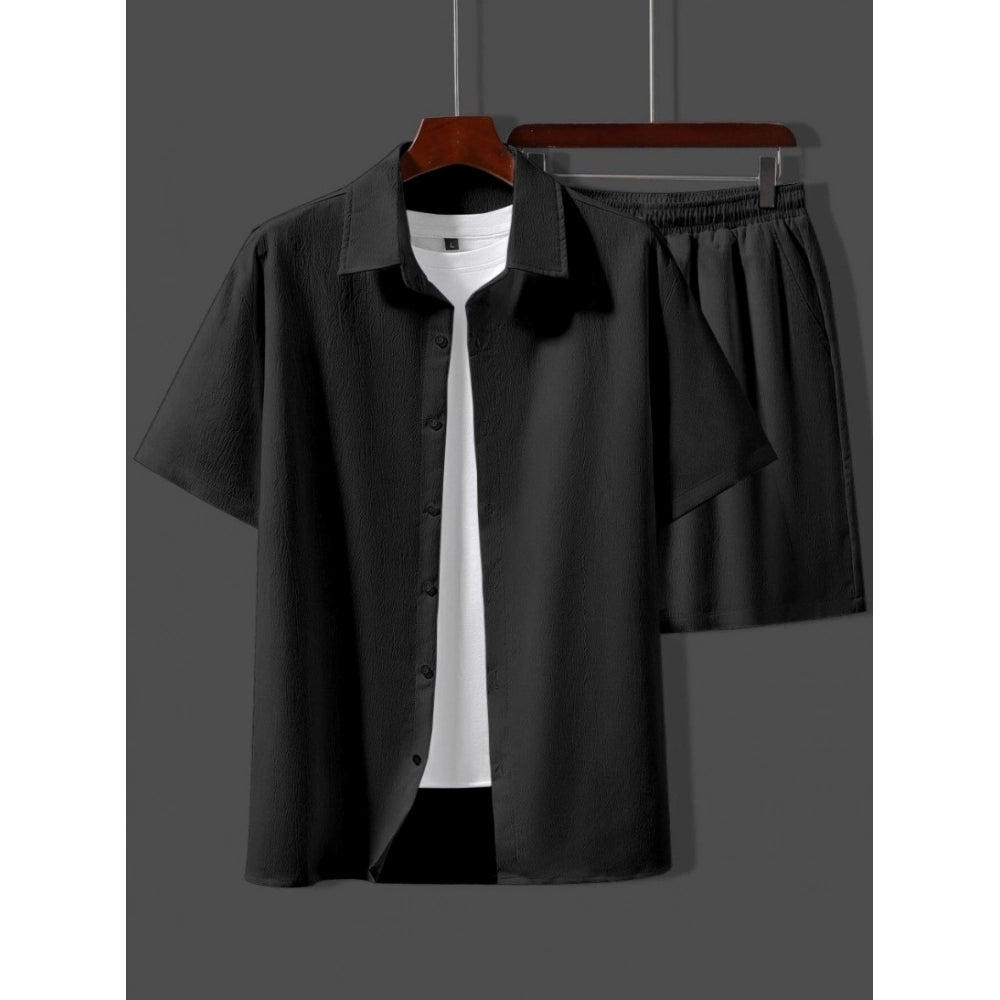 Amfyn Men's Popcon Solid Half Sleeve Shirt and Shorts Set (Black)