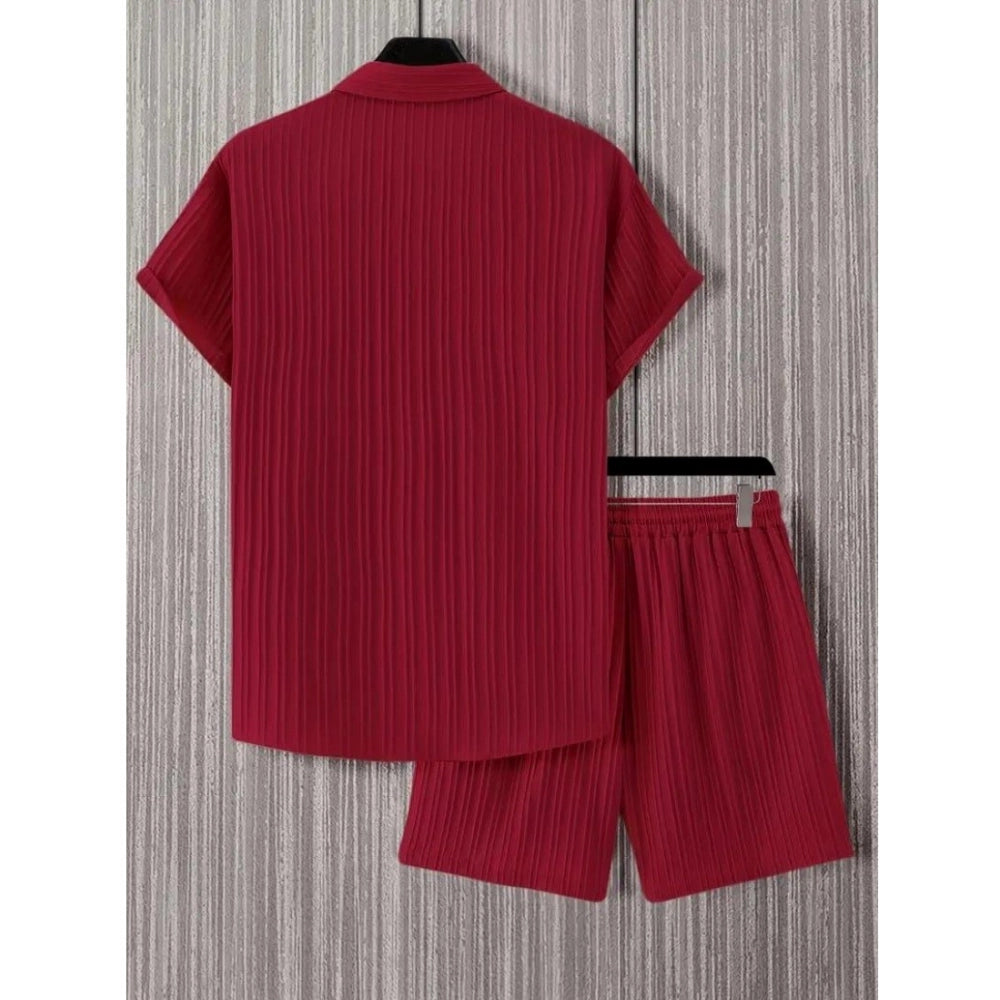 Amfyn Men's Popcon Striped Half Sleeve Shirt and Shorts Set (Maroon)