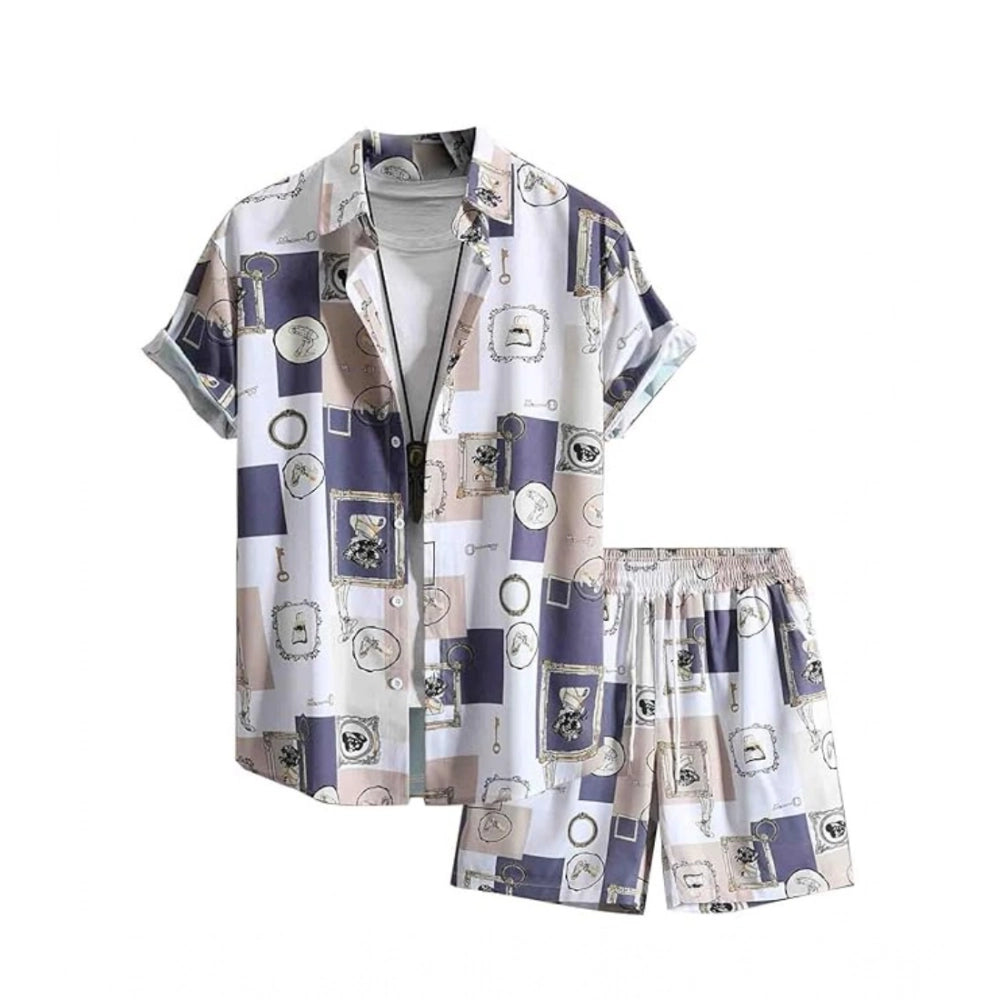 Amfyn Men's Lycra Printed Half Sleeve Shirt and Shorts Set (Purple)