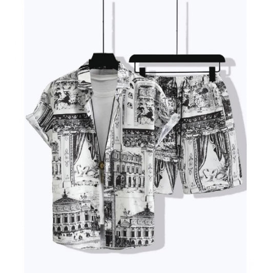 Amfyn Men's Lycra Printed Half Sleeve Shirt and Shorts Set (White)