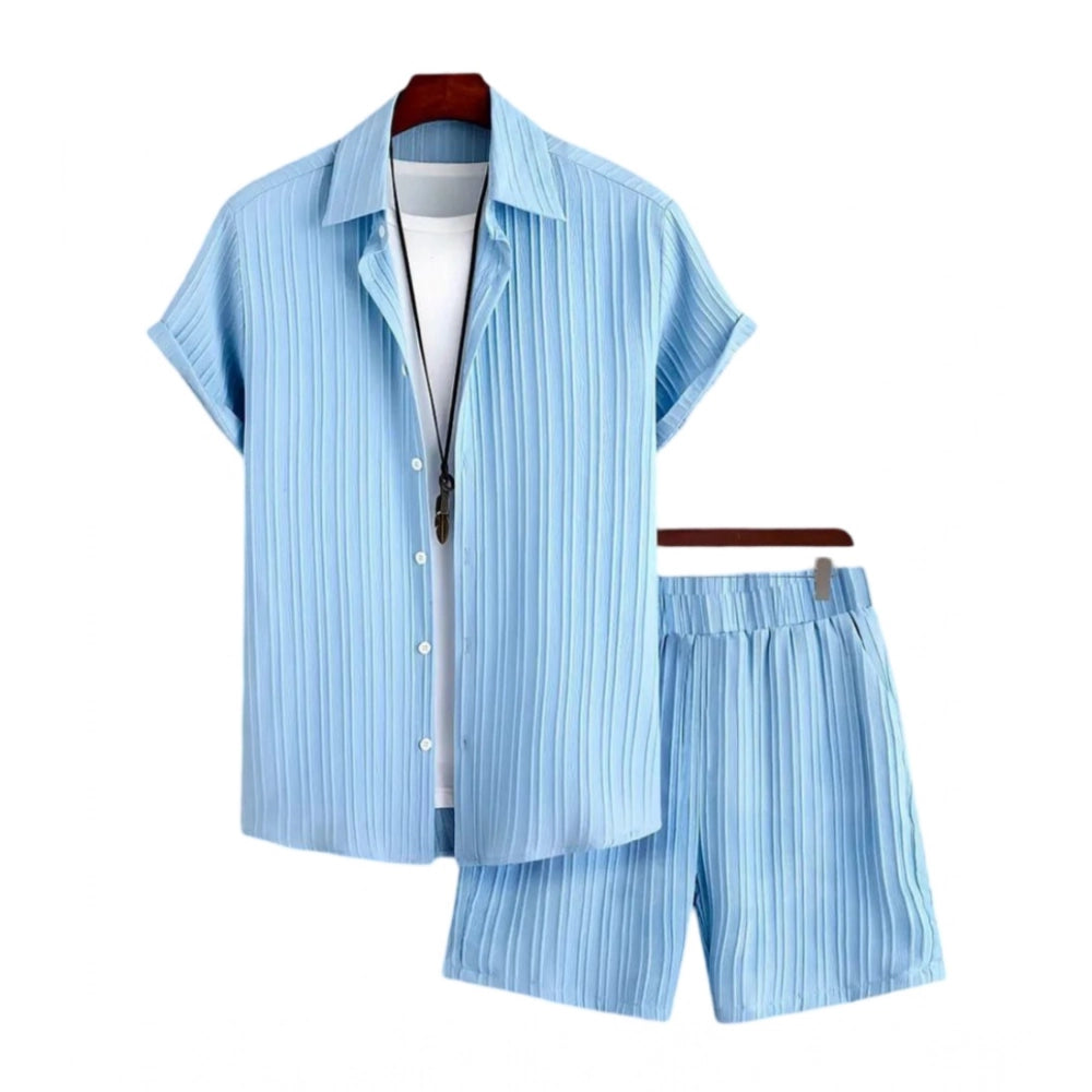 Amfyn Men's Popcon Striped Half Sleeve Shirt and Shorts Set (Blue)