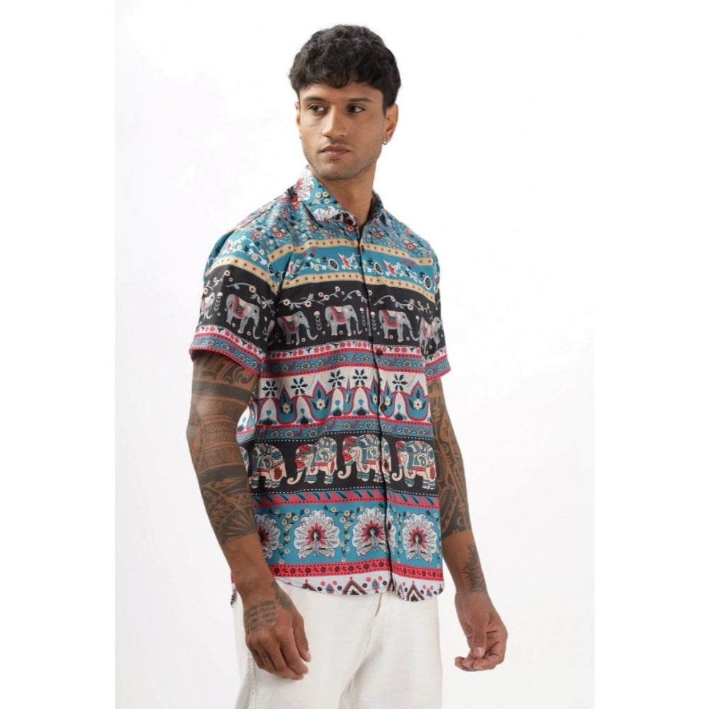 Amfyn Men's Linen Printed Half Sleeve Shirt (Multicolor)