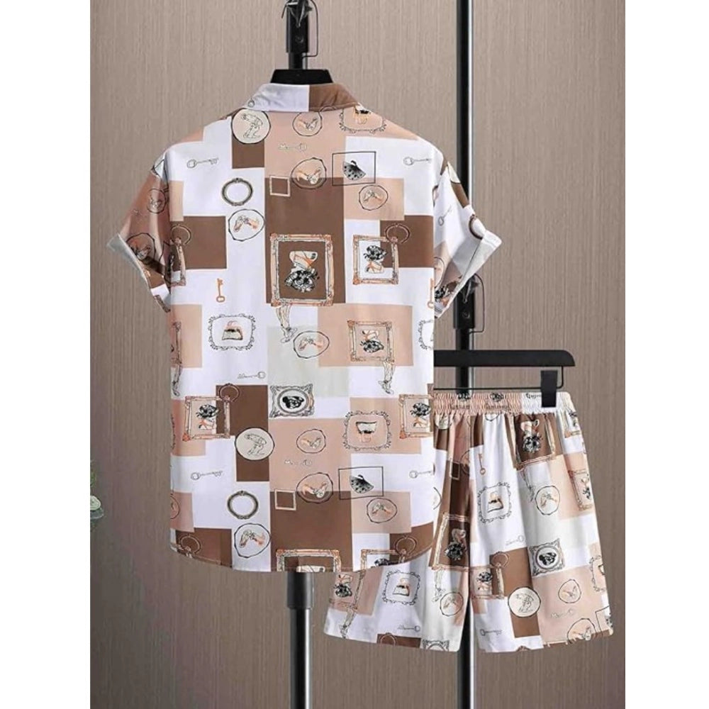 Amfyn Men's Lycra Printed Half Sleeve Shirt and Shorts Set (Cream)