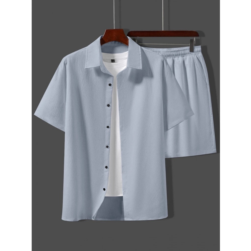 Amfyn Men's Popcon Solid Half Sleeve Shirt and Shorts Set (Light Blue)