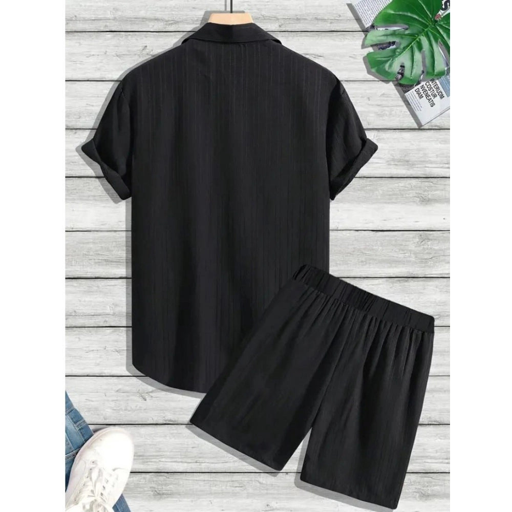 Amfyn Men's Popcon Striped Half Sleeve Shirt and Shorts Set (Black)