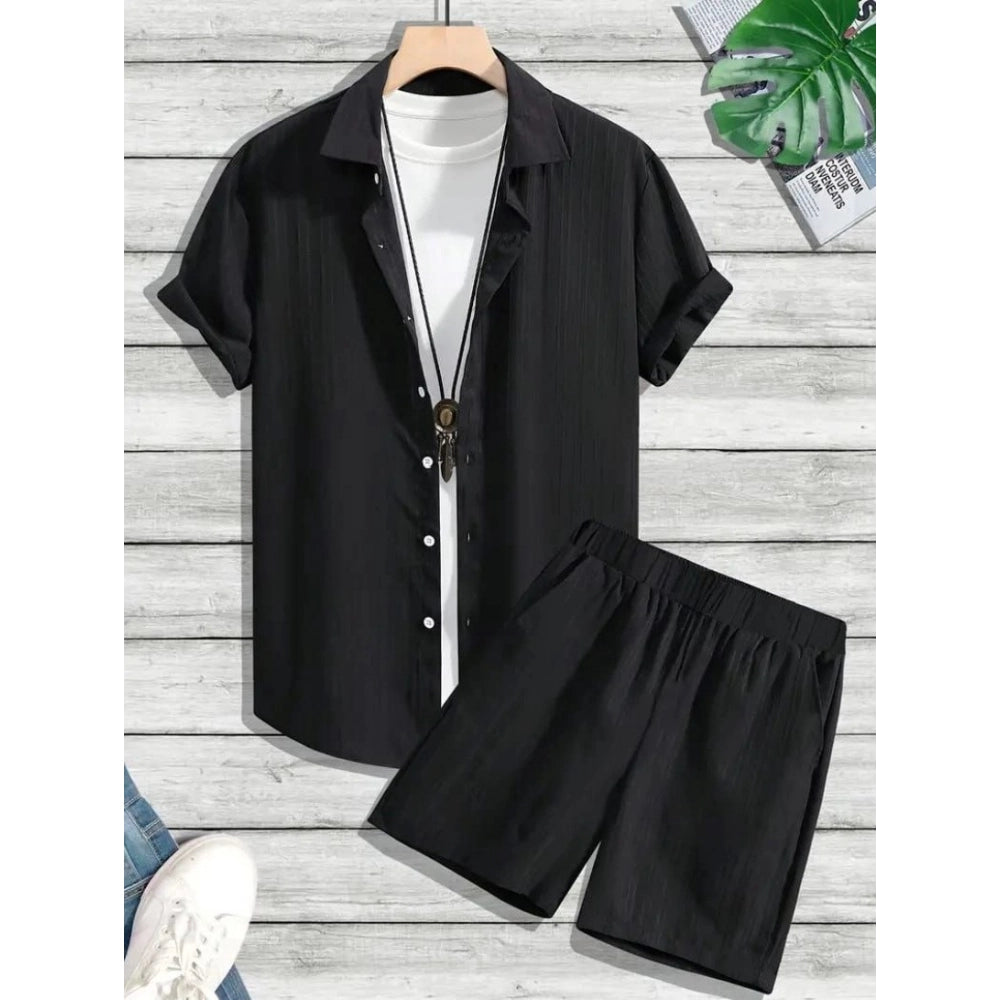 Amfyn Men's Popcon Striped Half Sleeve Shirt and Shorts Set (Black)