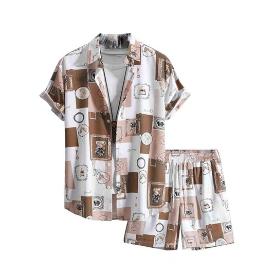 Amfyn Men's Lycra Printed Half Sleeve Shirt and Shorts Set (Cream)