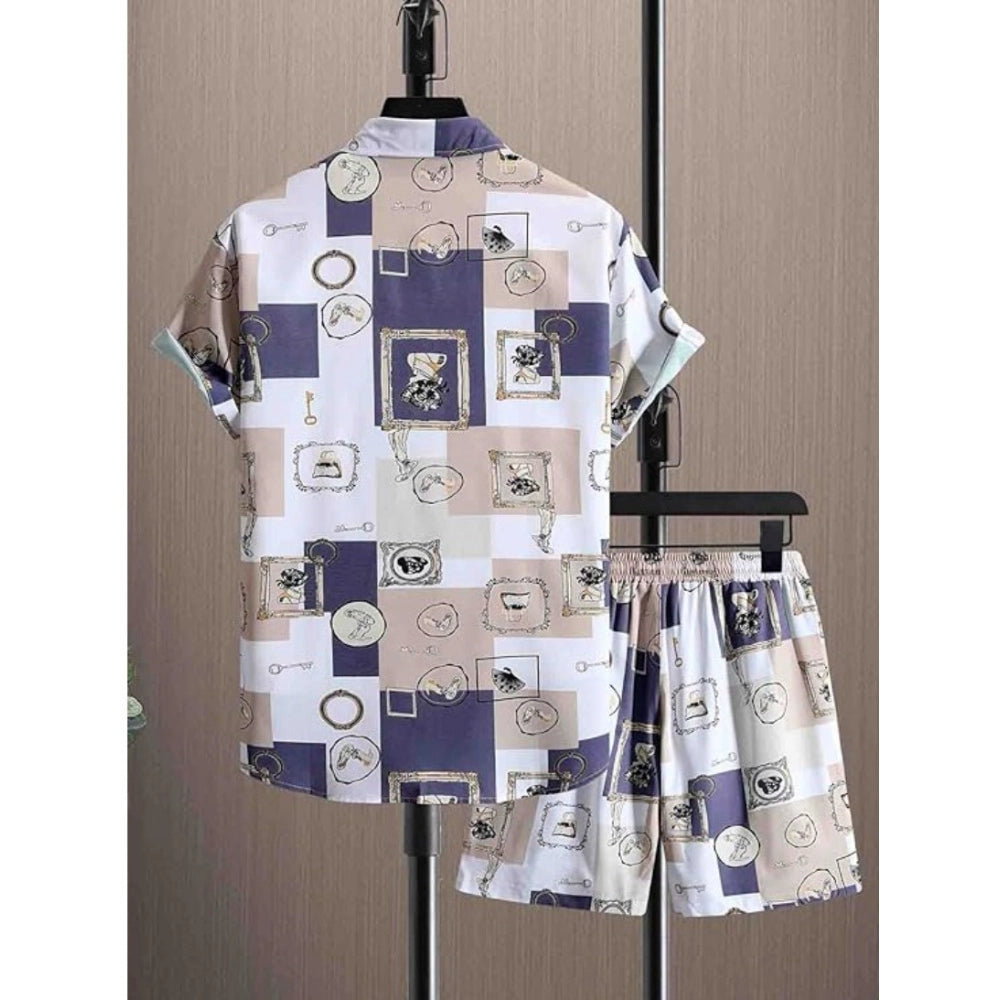 Amfyn Men's Lycra Printed Half Sleeve Shirt and Shorts Set (Purple)