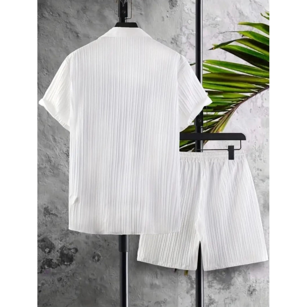Amfyn Men's Popcon Striped Half Sleeve Shirt and Shorts Set (White)