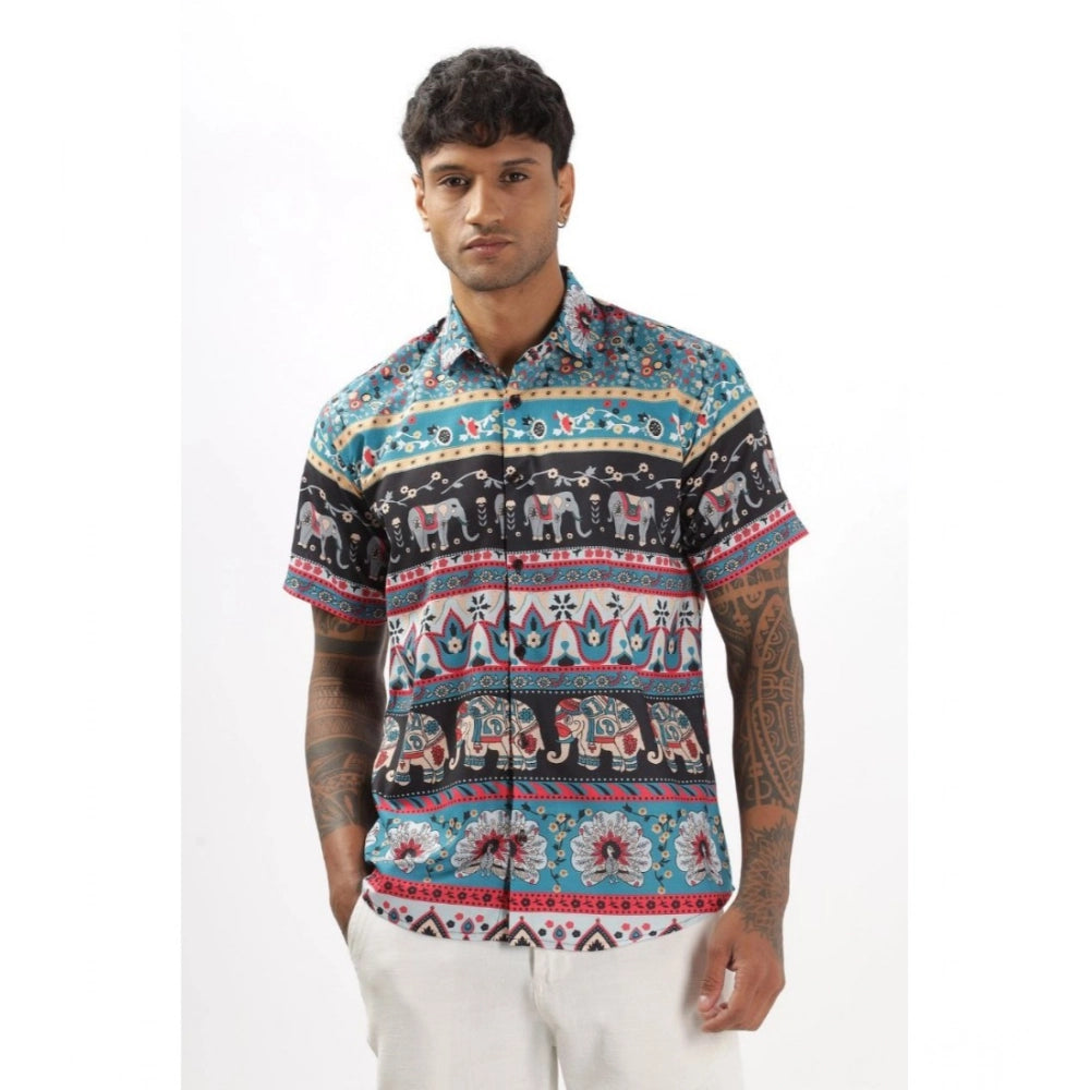 Amfyn Men's Linen Printed Half Sleeve Shirt (Multicolor)