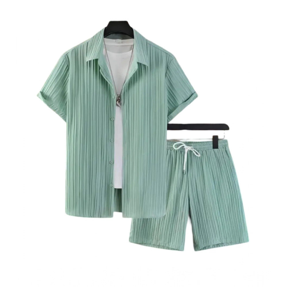 Amfyn Men's Popcon Striped Half Sleeve Shirt and Shorts Set (Green)