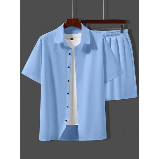 Amfyn Men's Popcon Solid Half Sleeve Shirt and Shorts Set (Sky Blue)