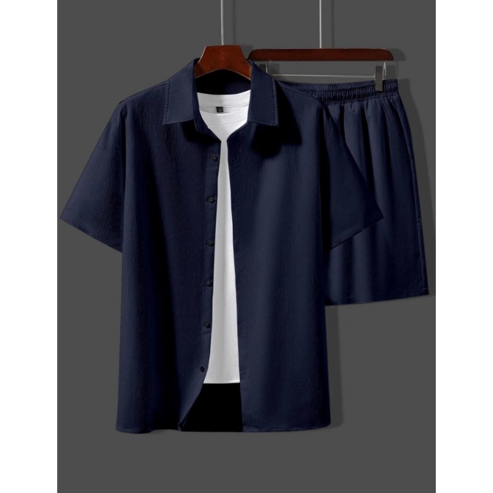 Amfyn Men's Popcon Solid Half Sleeve Shirt and Shorts Set (Dark Blue)
