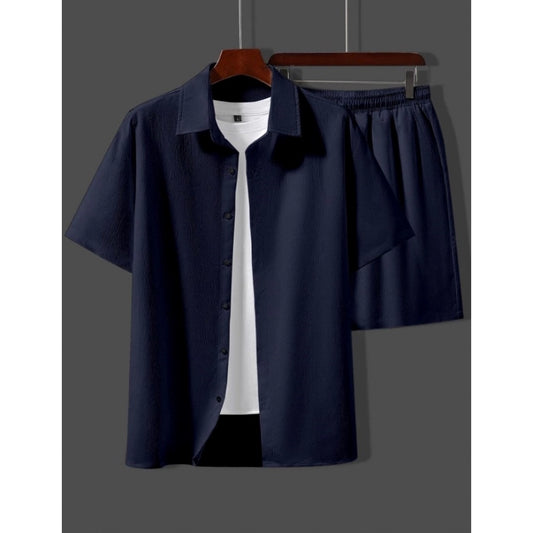 Amfyn Men's Popcon Solid Half Sleeve Shirt and Shorts Set (Dark Blue)