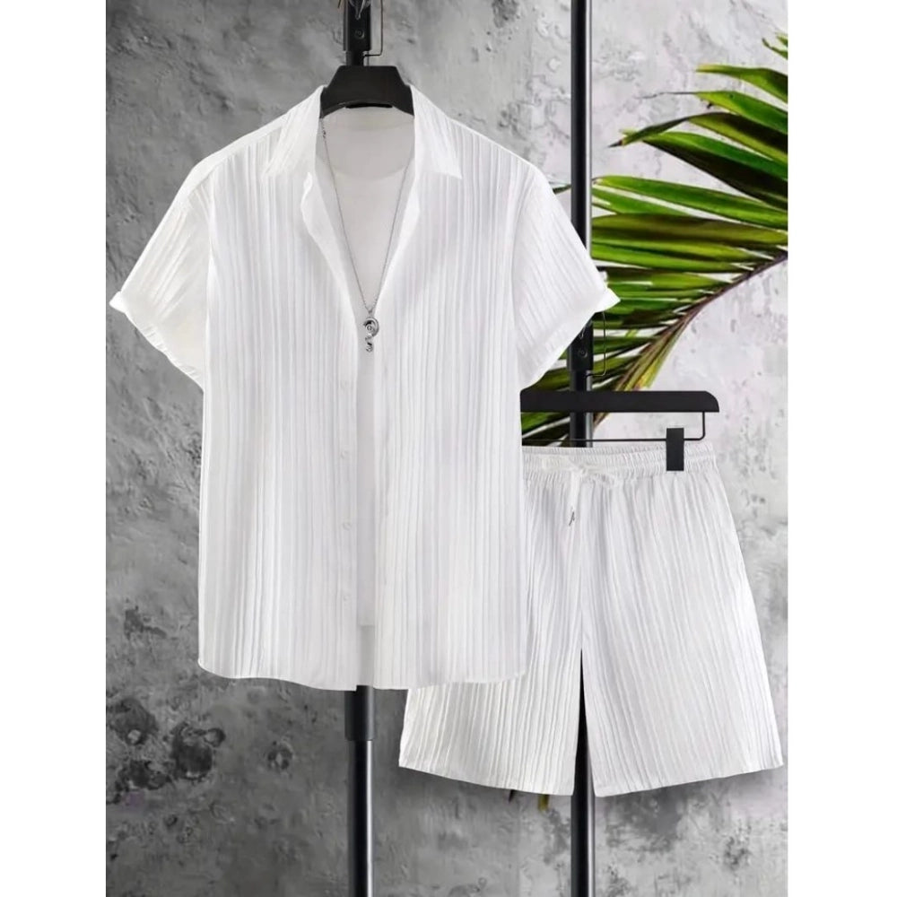Amfyn Men's Popcon Striped Half Sleeve Shirt and Shorts Set (White)