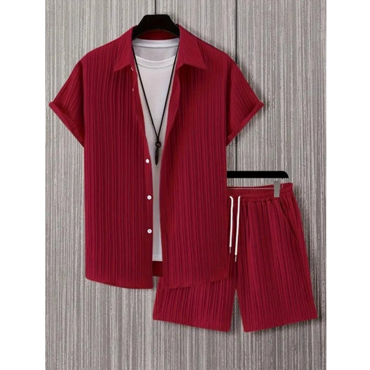 Amfyn Men's Popcon Striped Half Sleeve Shirt and Shorts Set (Maroon)
