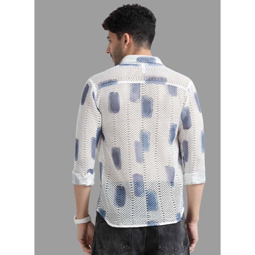 Amfyn Men's Cotton Knit Printed Full Sleeve Shirt (White Blue)