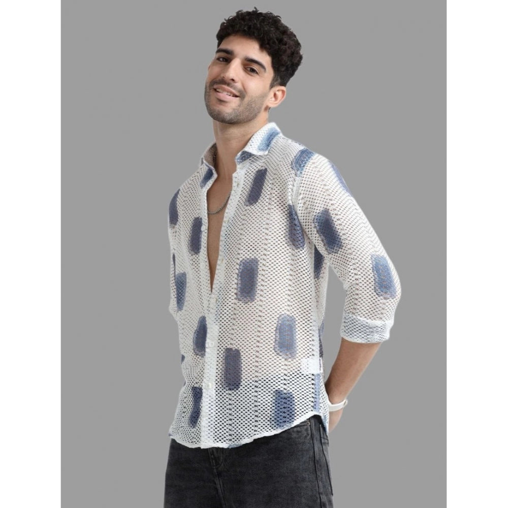Amfyn Men's Cotton Knit Printed Full Sleeve Shirt (White Blue)