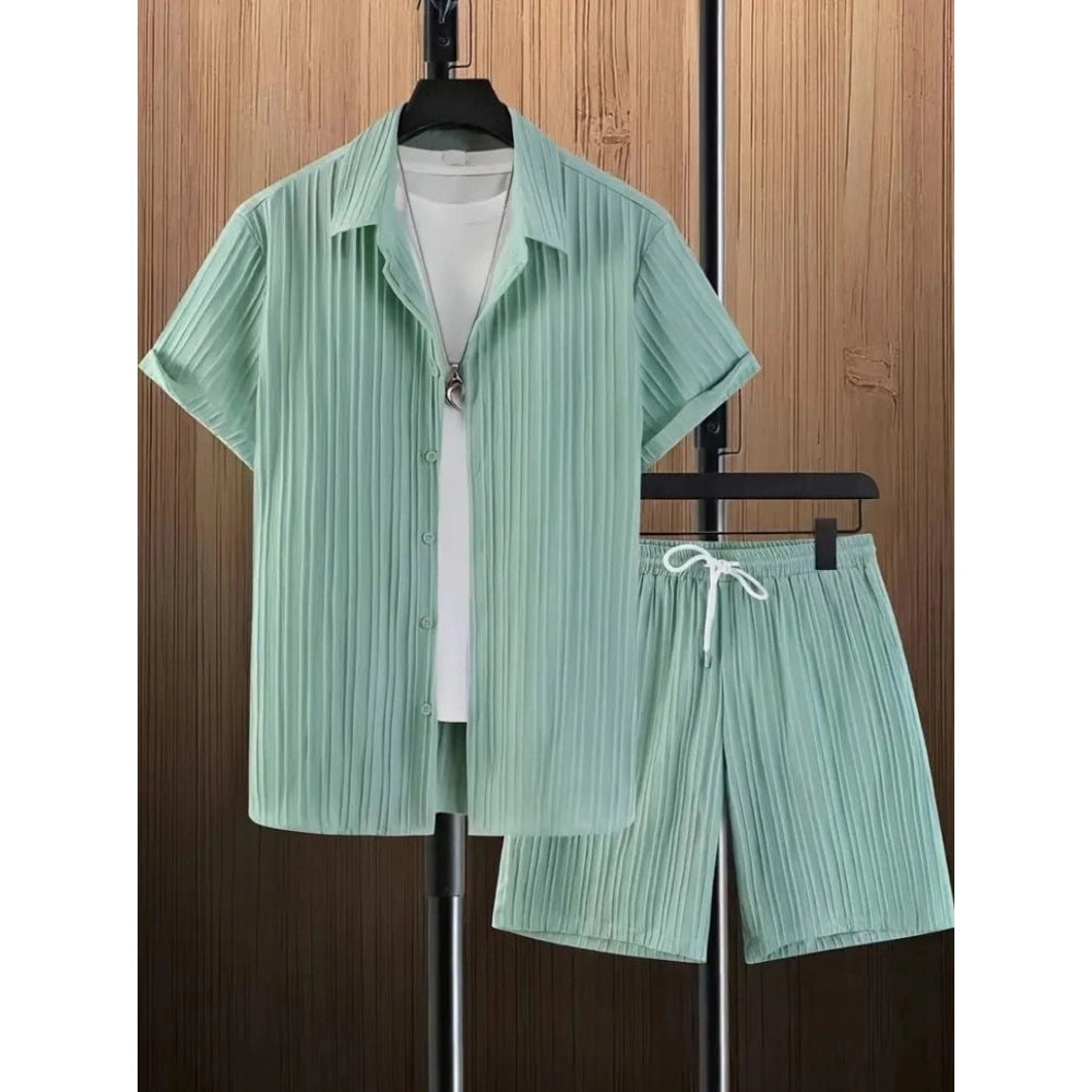 Amfyn Men's Popcon Striped Half Sleeve Shirt and Shorts Set (Green)