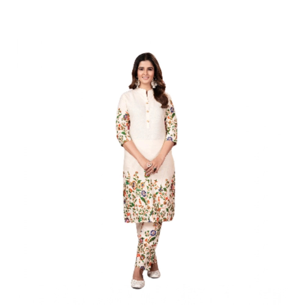 Amfyn Women's Cotton Printed 3/4th Sleeve Kurti With Pant (Cream )