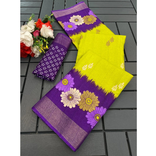 Amfyn Women's Cotton Blend Printed Saree With Unstitched Blouse (Dark Green, 5-5 Mtrs)