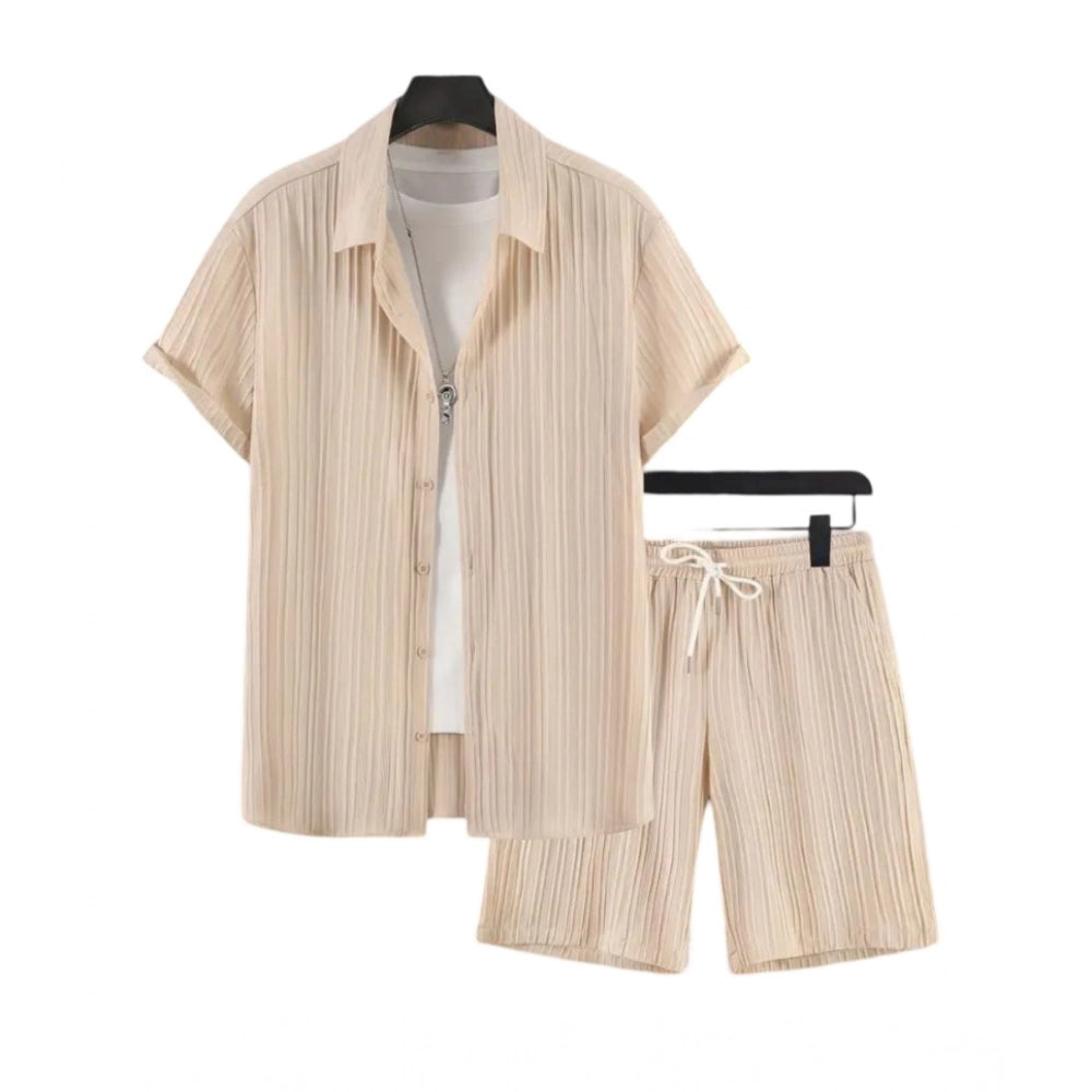 Amfyn Men's Popcon Striped Half Sleeve Shirt and Shorts Set (Cream)
