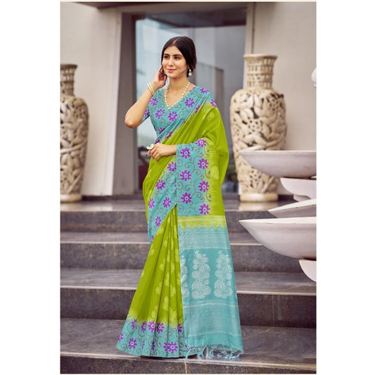 Amfyn Women's Cotton Blend Printed Saree With Unstitched Blouse (Green, 5-5 Mtrs)