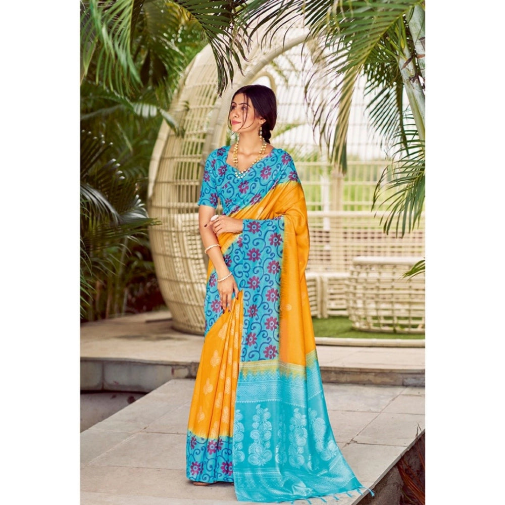 Amfyn Women's Cotton Blend Printed Saree With Unstitched Blouse (Yellow, 5-5 Mtrs)